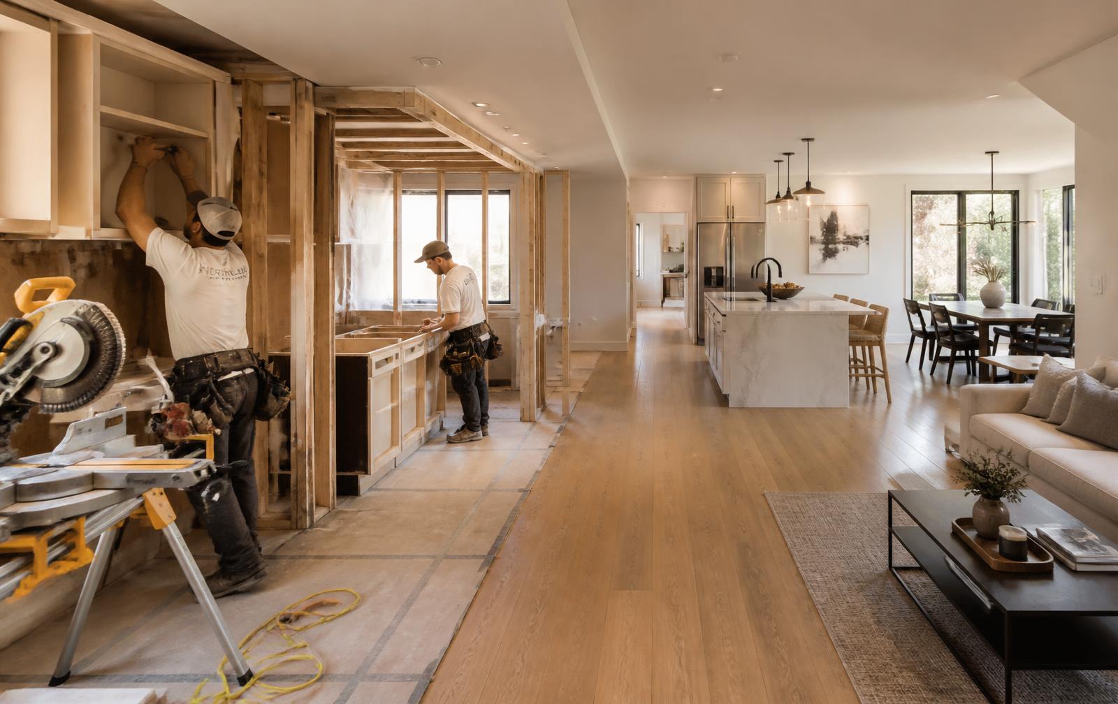 Craftsmen renovating a long open-concept living space, with active construction on the left and a finished modern kitchen and living area on the right